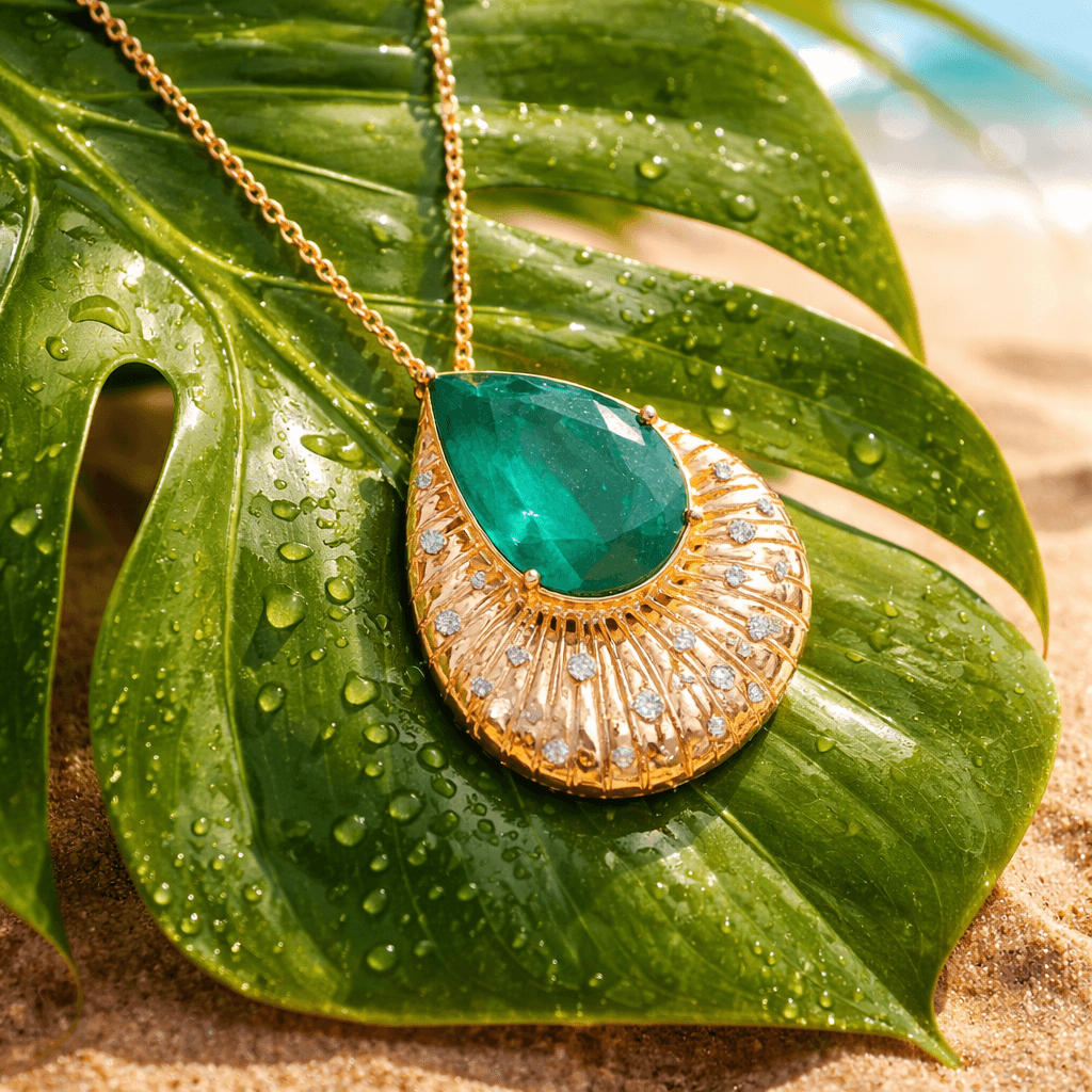 Emerald and gold pendant necklace resting on a tropical leaf