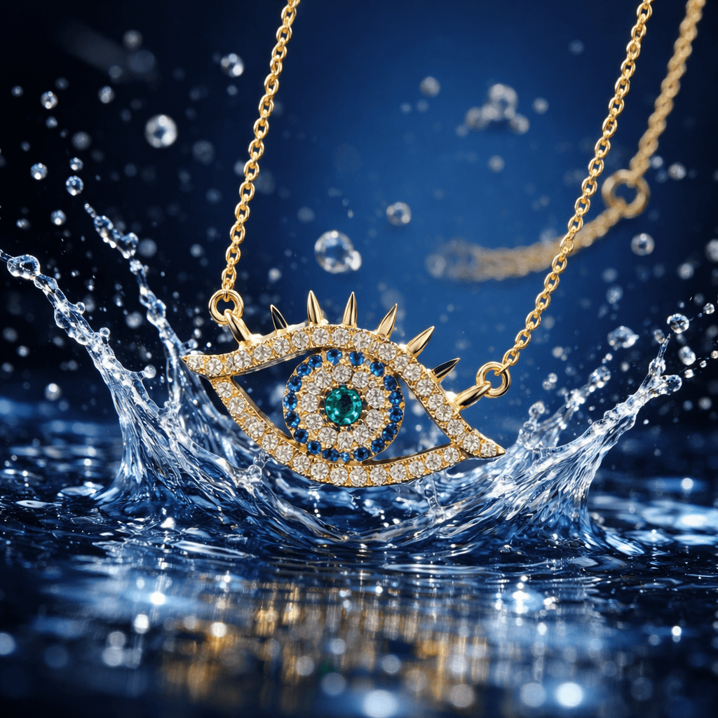Evil-eye gold and emerald pendant necklace falling onto splashing blue water
