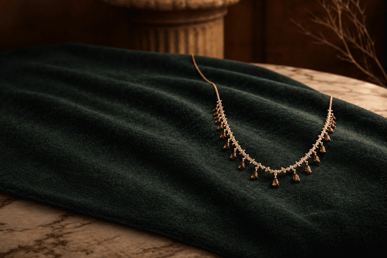 Ruby drop necklace on dark green velvet beside a marble plinth